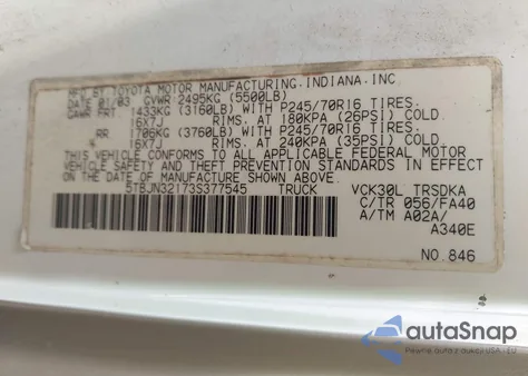 2003 Toyota Tundra из США, поврежденный, VIN 5TBJN32173S377545